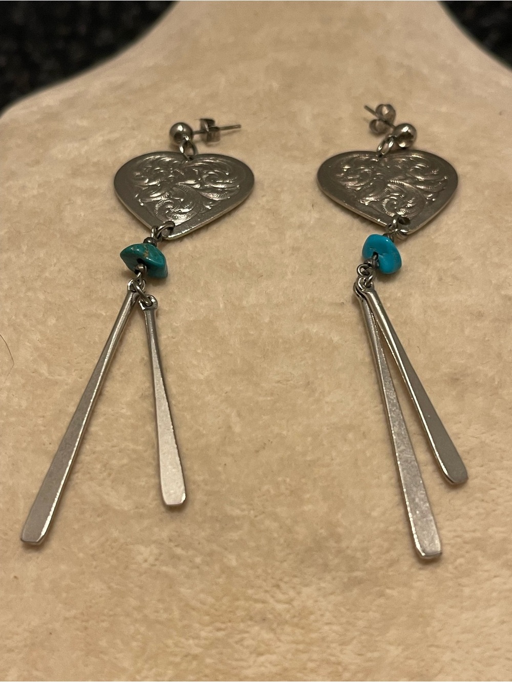 Silver tone Heart Drop dangle Earrings with Turquoise Accent